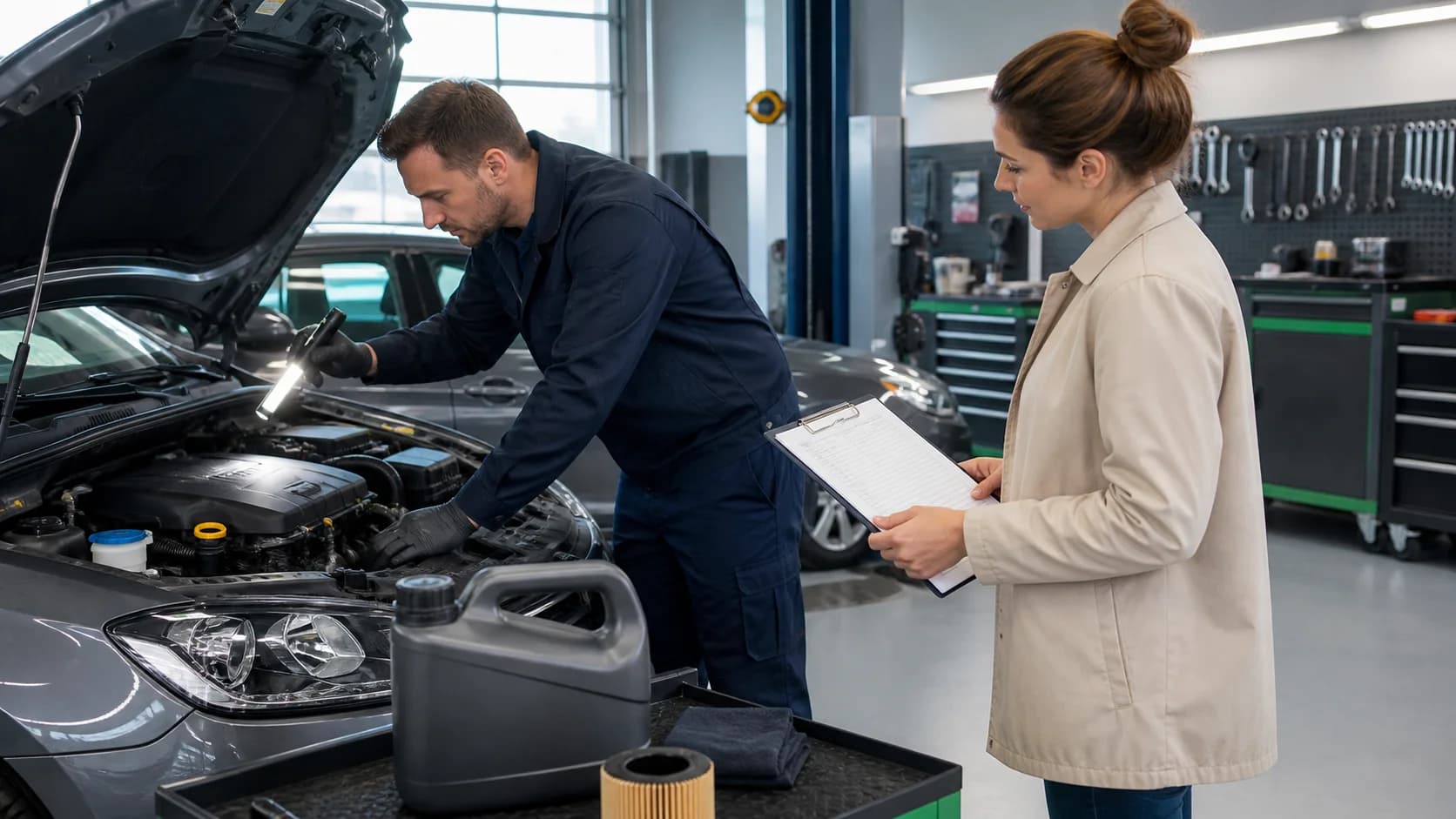Car Inspection and Service in Germany: Intervals, Work and Costs Mechanic reviews a vehicle service checklist during a professional car inspection.